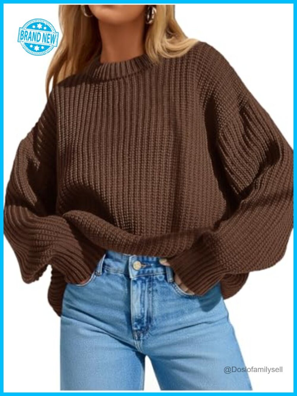 Oversized Crewneck Pullover Sweater Long Sleeve Batwing Sleeve Knit Top